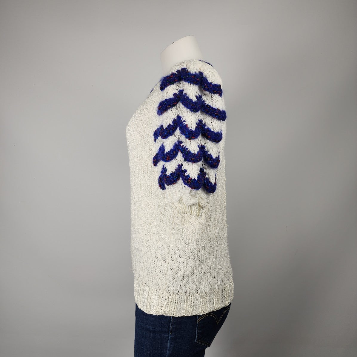 Vintage Handknit White & Blue Puff Sleeve Sweater Size S