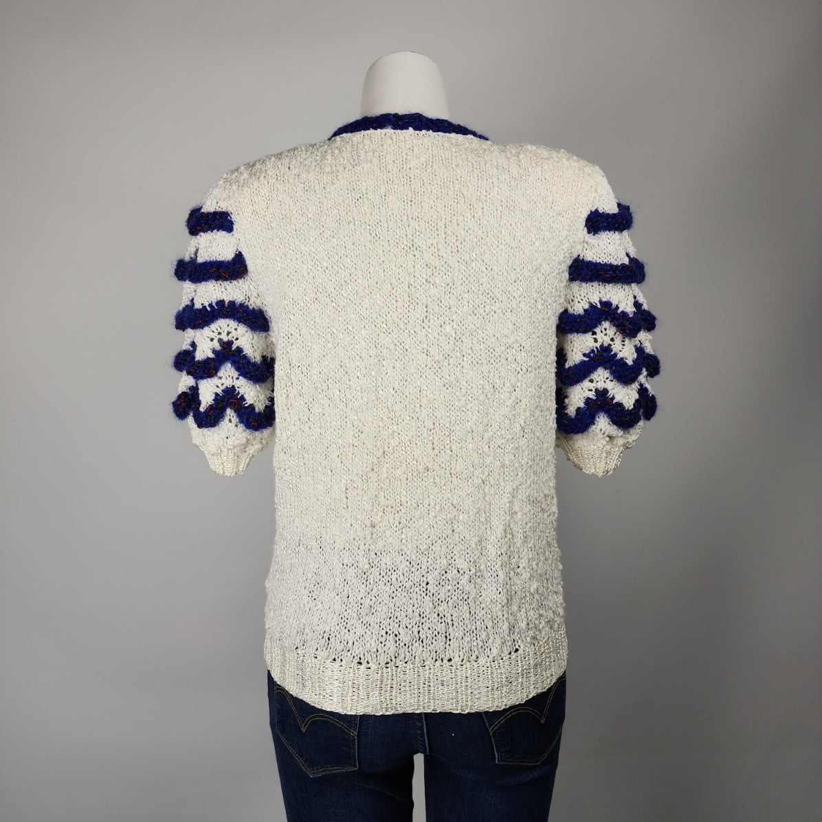 Vintage Handknit White & Blue Puff Sleeve Sweater Size S