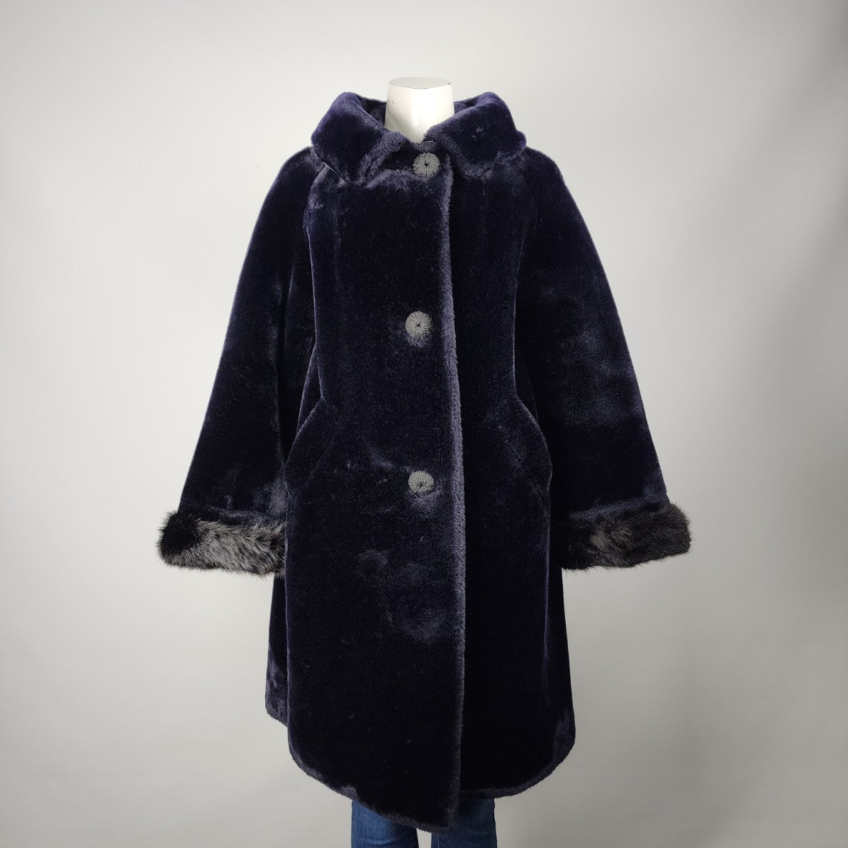 Vintage Midnight Blue Fur Trimmed Button Up Coat Size M