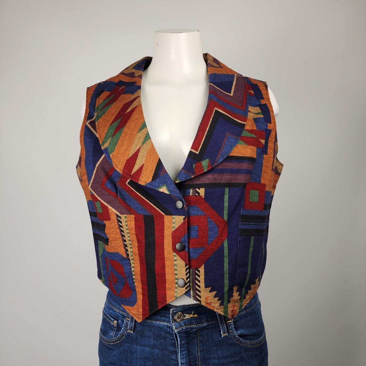 Orange & Blue Tribal Snap Up Vest Size M