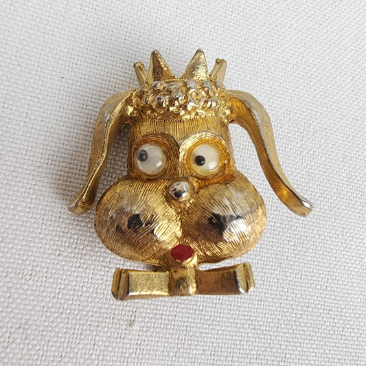 Vintage Googly Eye Cartoon Poodle Dog Brooch Gold Tone