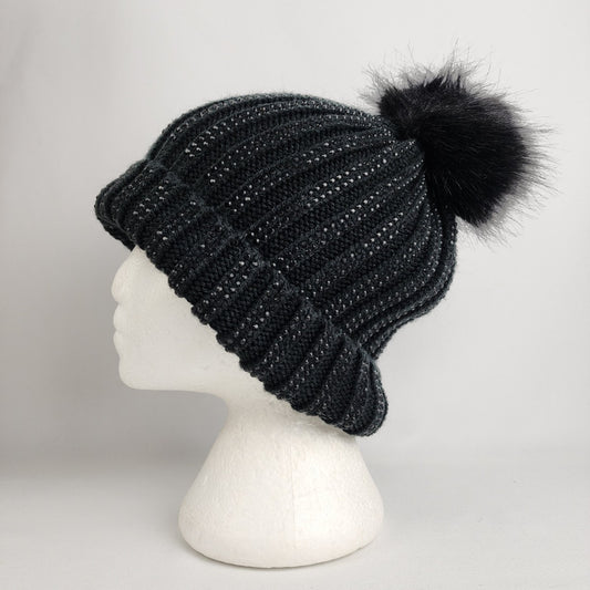 Black Knit Rhinestone Studded Fur Pom Pom Toque