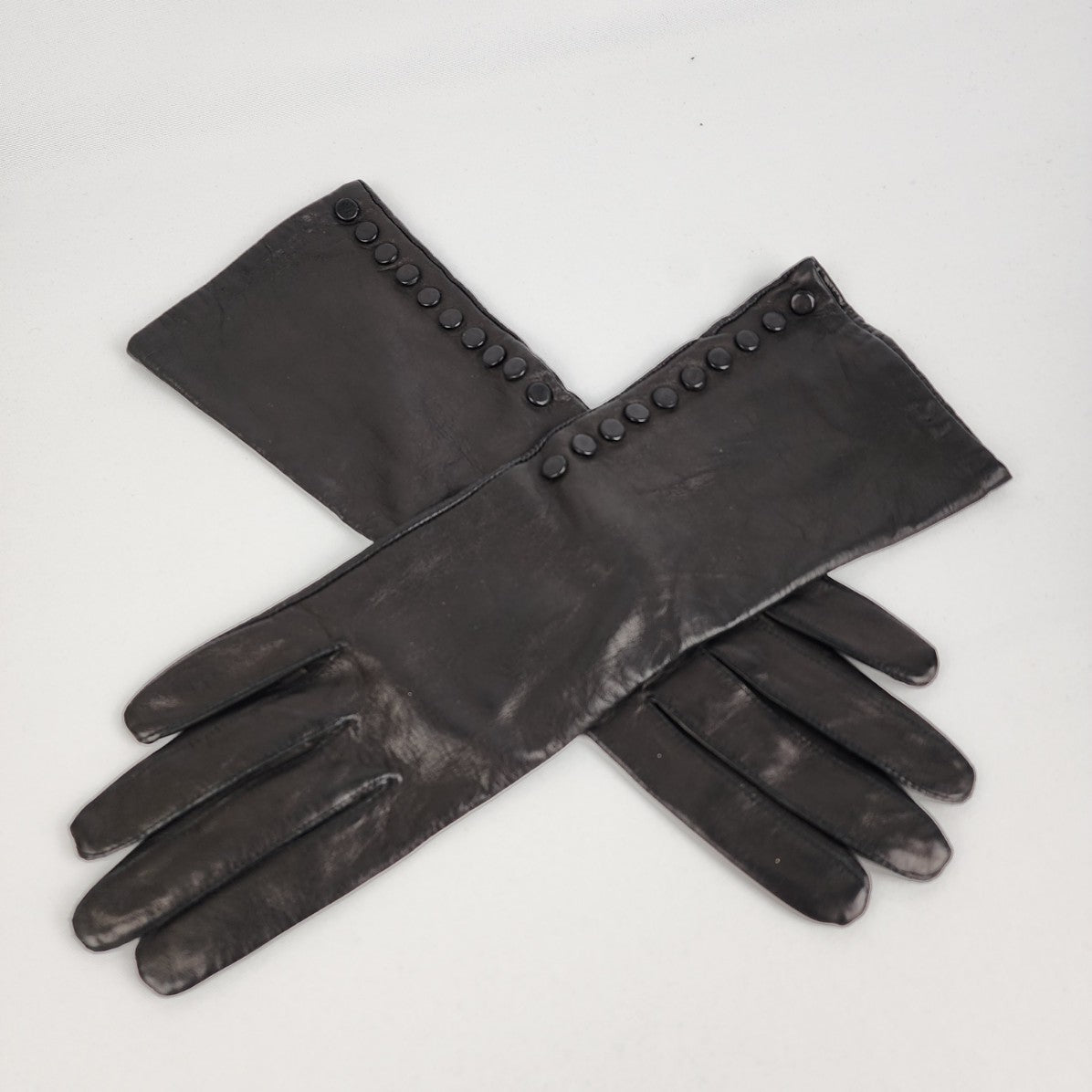 Brown Leather Button Detail Long Gloves