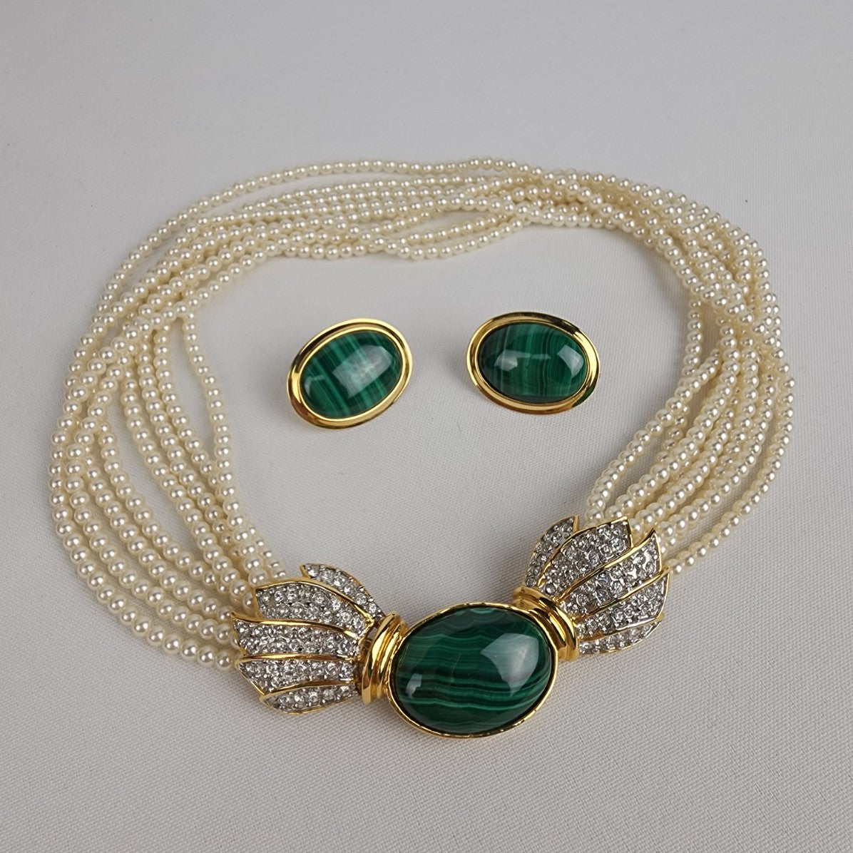 Vintage Butler Faux Pearl Layered Green Stone Necklace & Earring Set