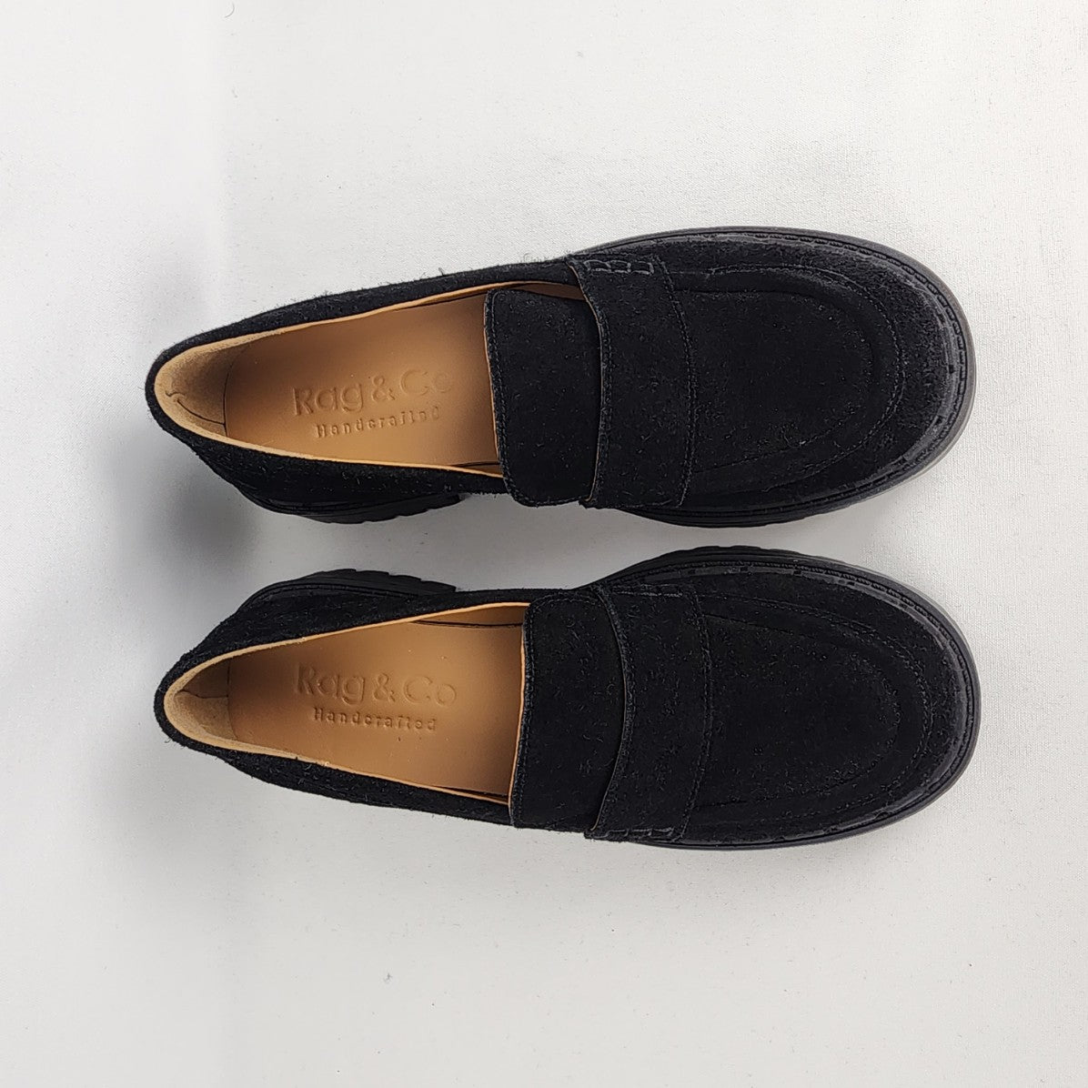 Rag & Co Handcrafted Black Suede Chunky Heel Loafers Size 9