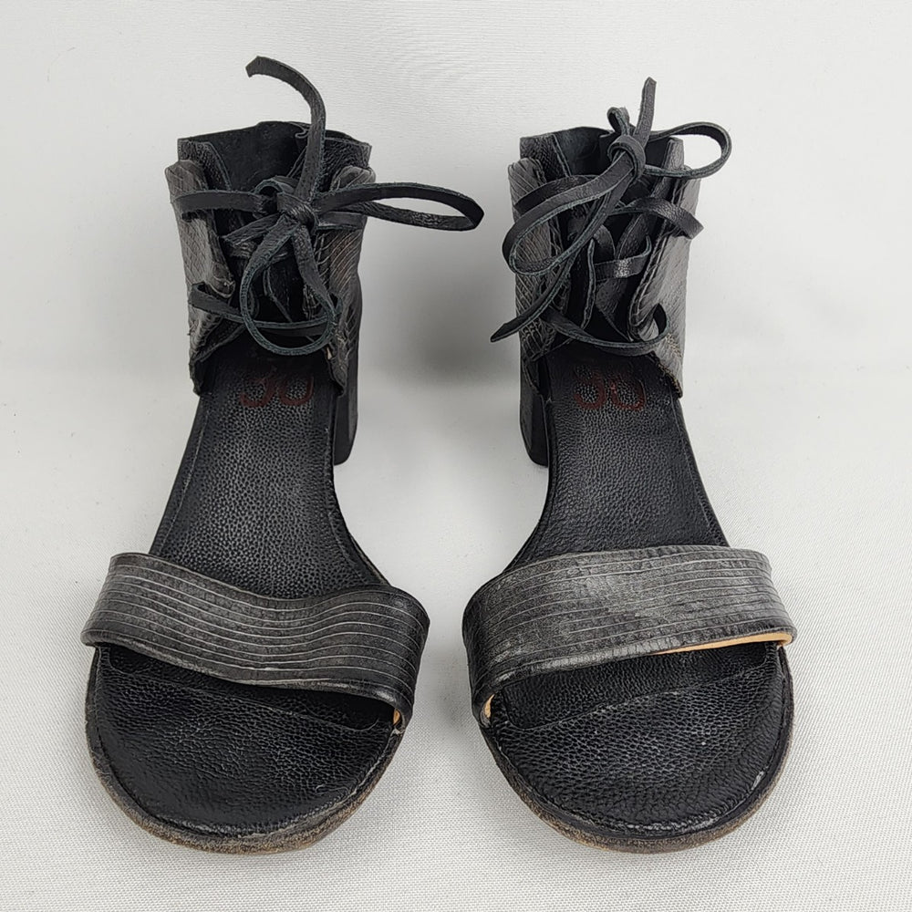 AS98 Black Leather Lace Up Chunky Heel Sandals Size 8.5