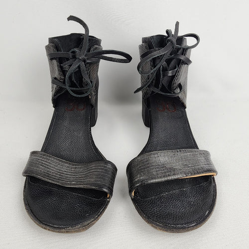 AS98 Black Leather Lace Up Chunky Heel Sandals Size 8.5