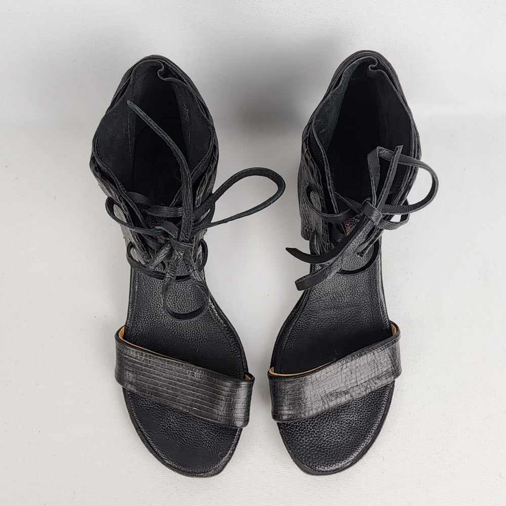 AS98 Black Leather Lace Up Chunky Heel Sandals Size 8.5