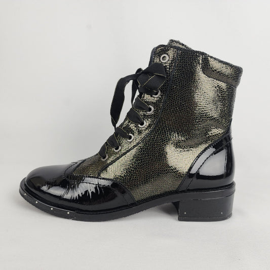 Unity in Diversity Black & Bronze Metallic Patent Leather Lace Up Boots Size 8.5