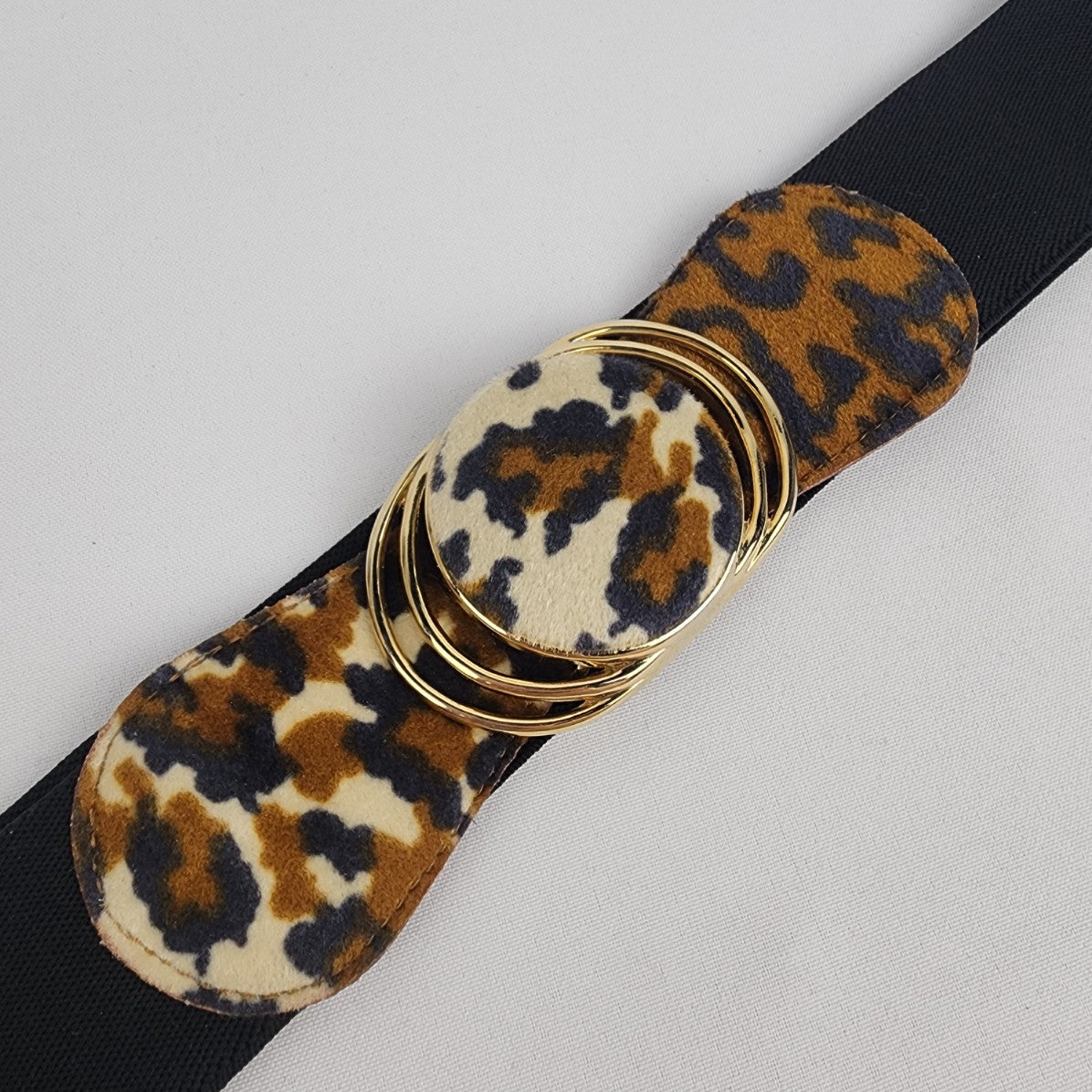 Vintage Black Animal Print Gold Tone Stretch Belt Size M/L