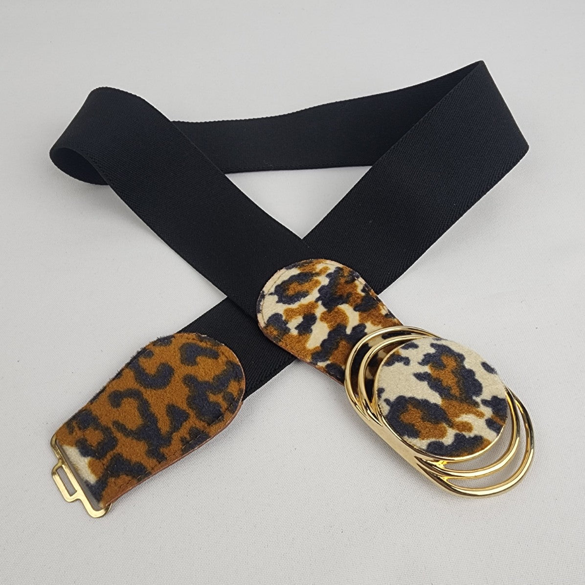 Vintage Black Animal Print Gold Tone Stretch Belt Size M/L