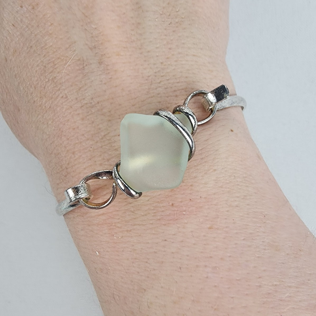 Silver Tone Green Sea Glass Hinge Bracelet