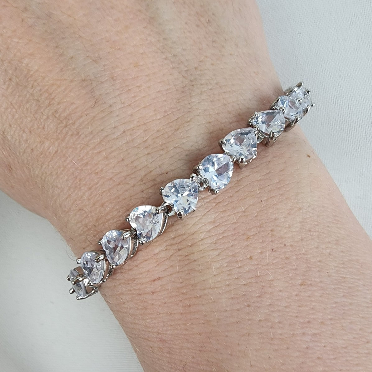 Heart Crystal Silver Tone Tennis Bracelet