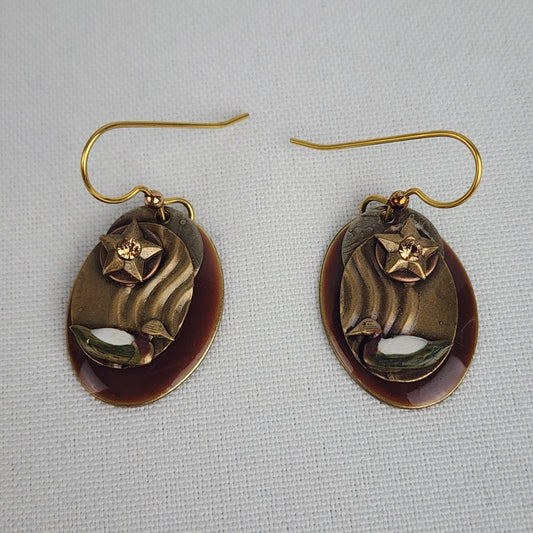 Gold Tone Brown Duck Drop Earrings