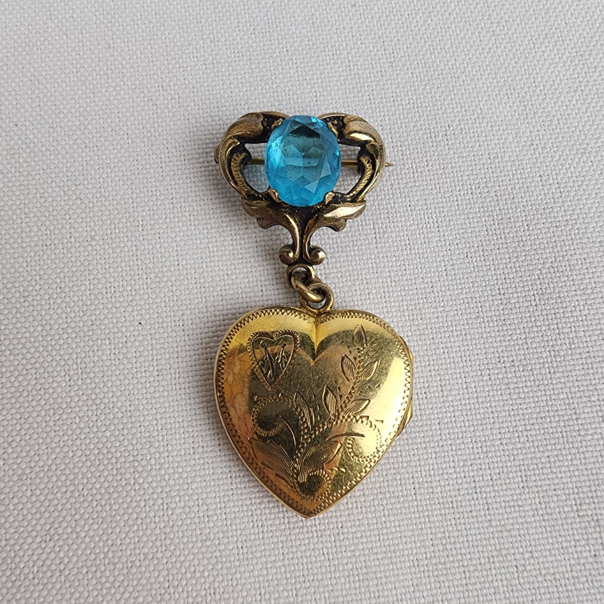 Vintage Gold Fill Heart Locket Blue Gem Stone Brooch