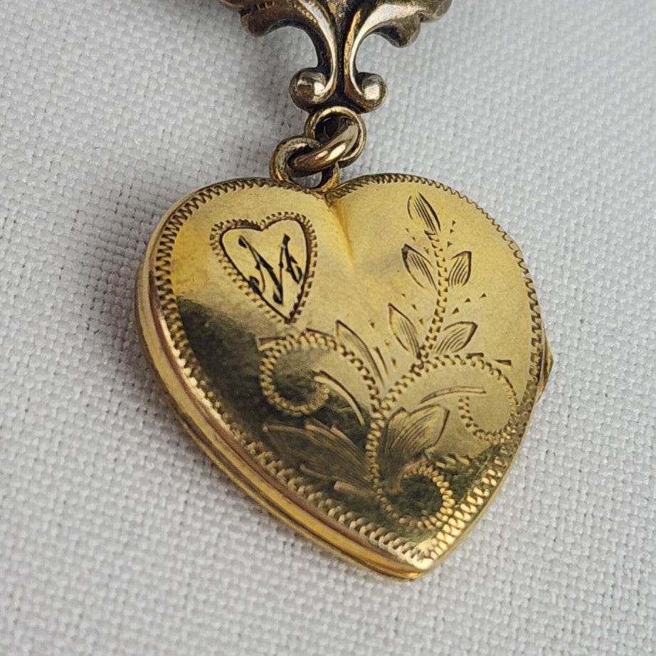 Vintage Gold Fill Heart Locket Blue Gem Stone Brooch