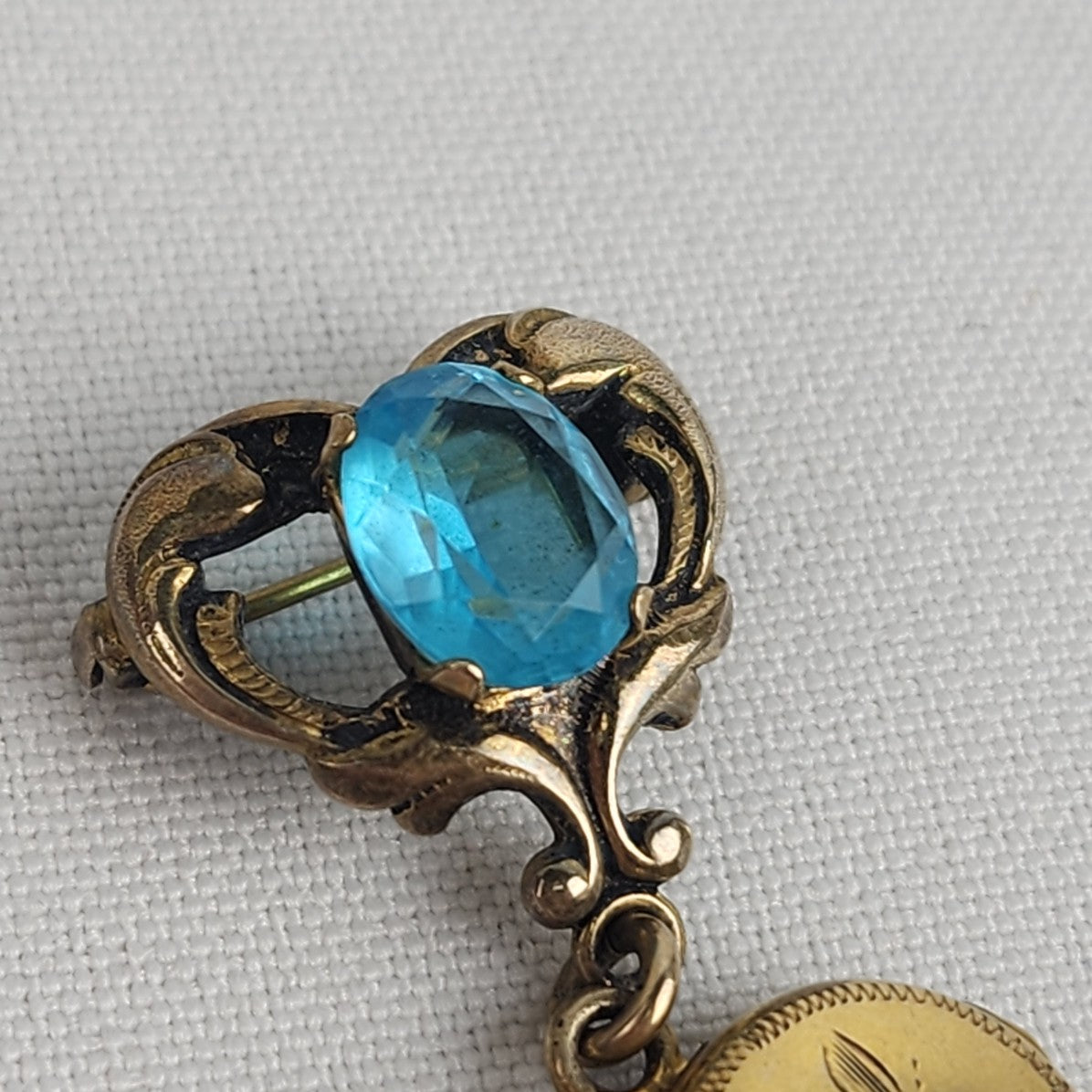 Vintage Gold Fill Heart Locket Blue Gem Stone Brooch