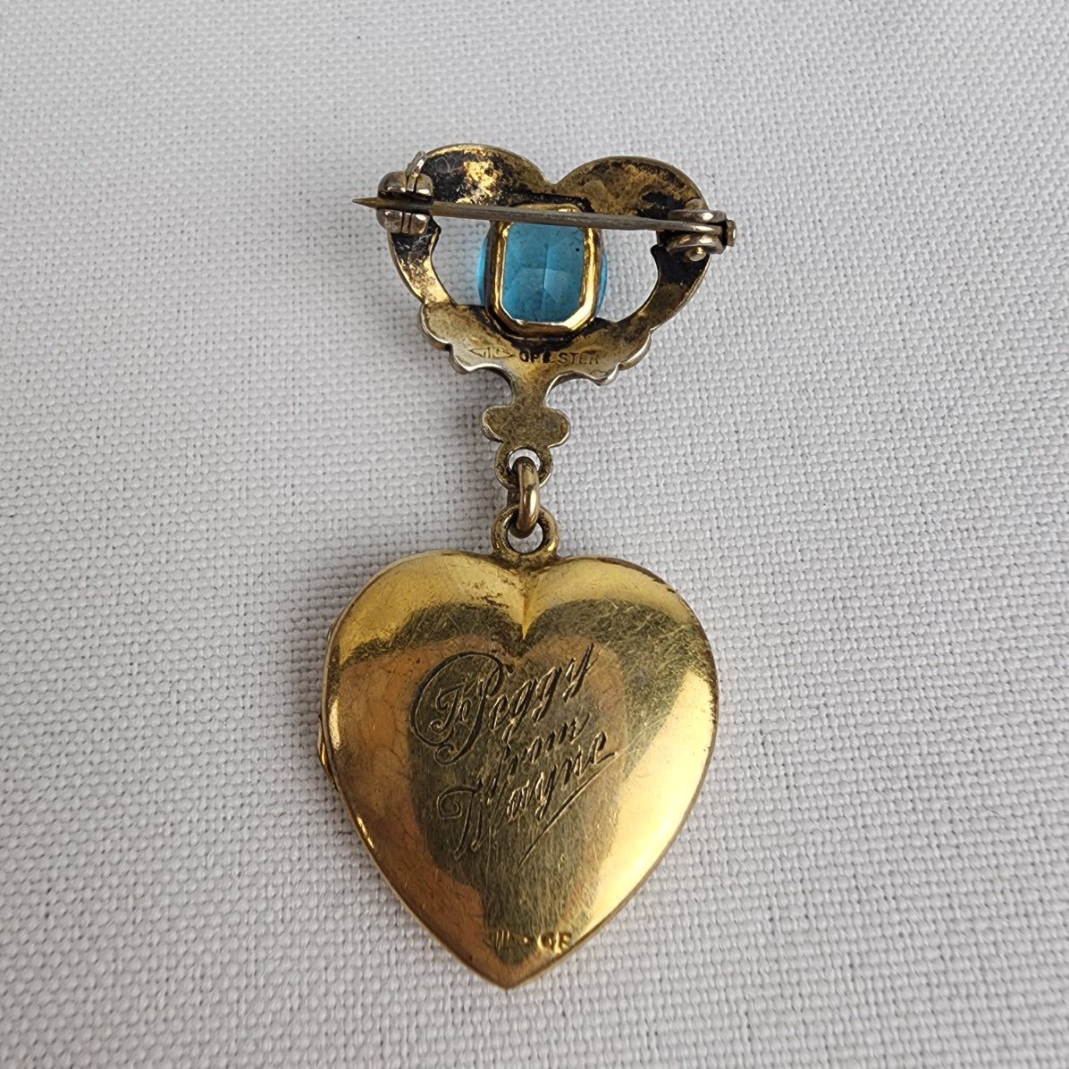 Vintage Gold Fill Heart Locket Blue Gem Stone Brooch