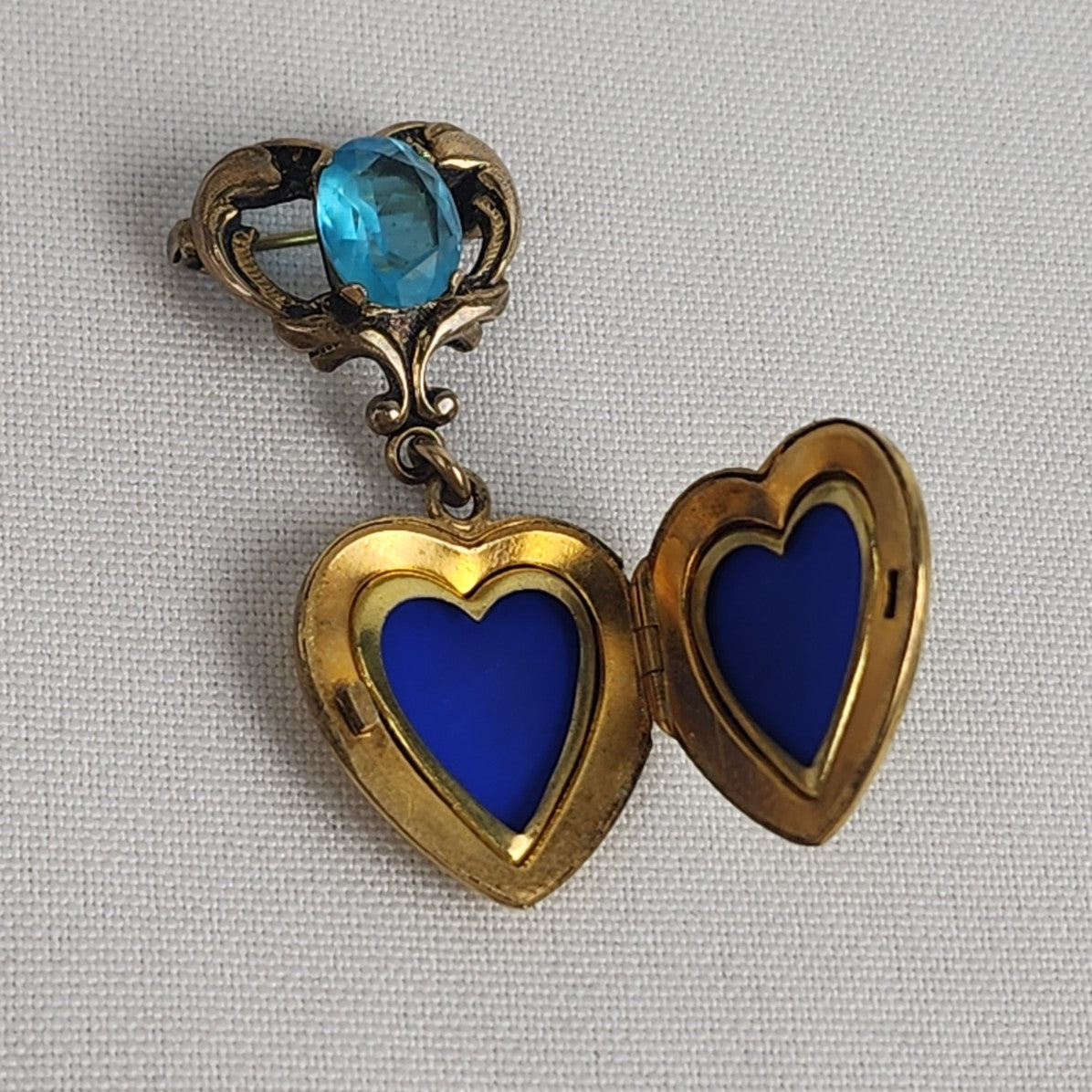 Vintage Gold Fill Heart Locket Blue Gem Stone Brooch