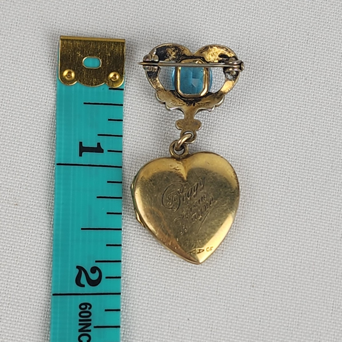 Vintage Gold Fill Heart Locket Blue Gem Stone Brooch