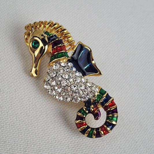 Vintage Seahorse Gold Tone Rhinestone Enamel Colorful Brooch