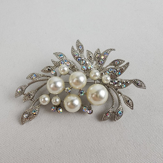 Vintage Silver Tone Rhinestone Floral Faux Pearl Brooch