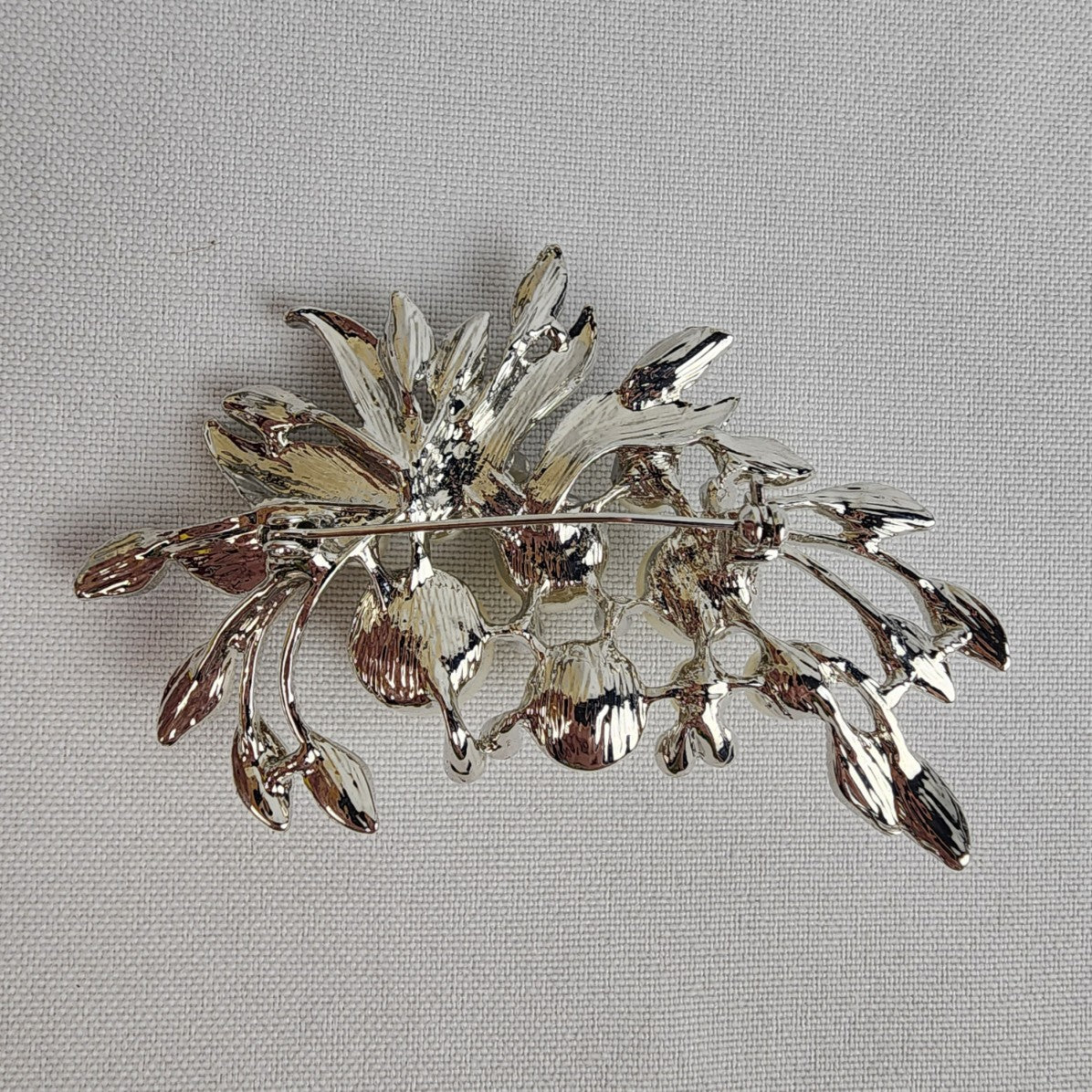 Vintage Silver Tone Rhinestone Floral Faux Pearl Brooch