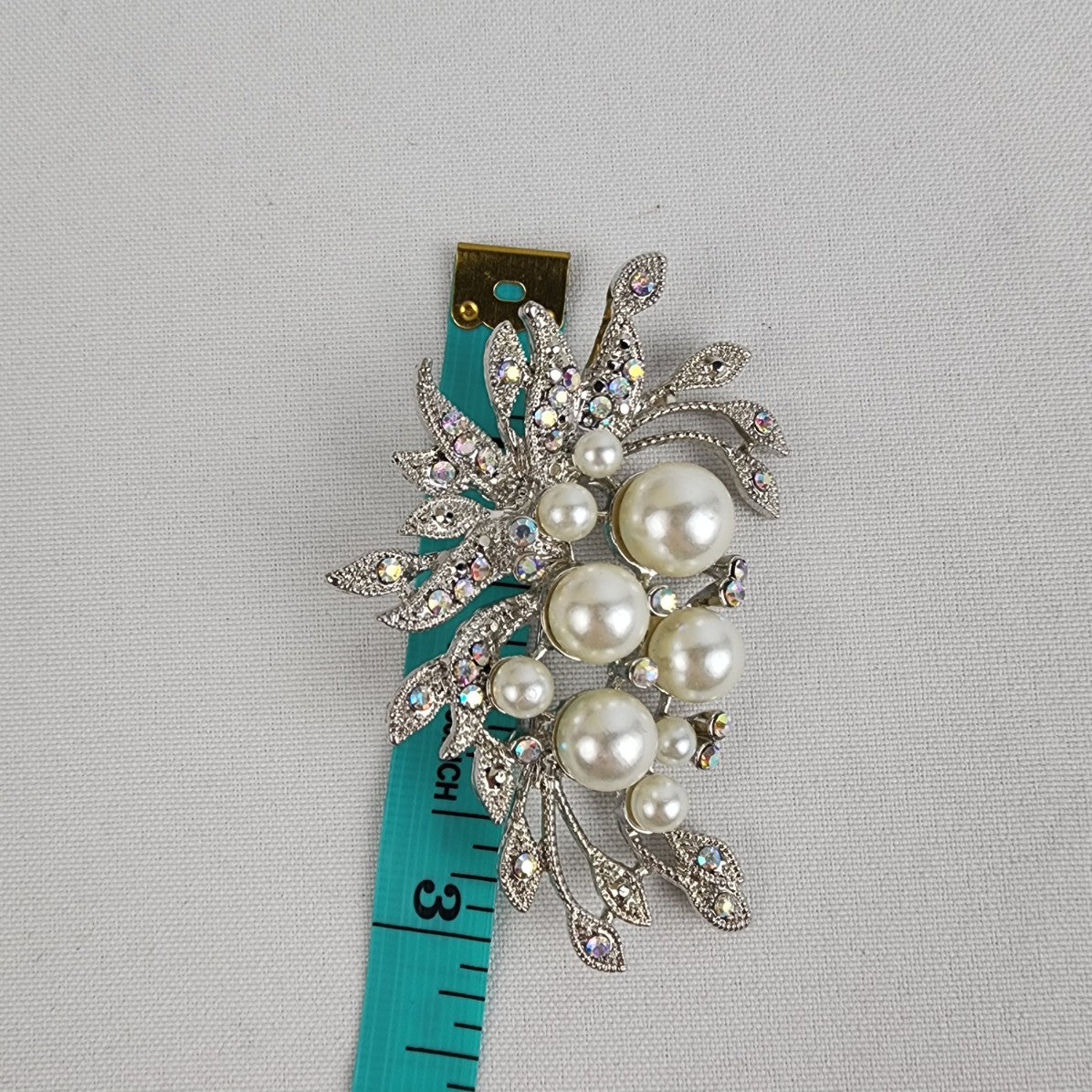 Vintage Silver Tone Rhinestone Floral Faux Pearl Brooch