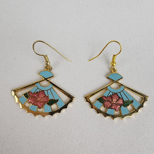 Cloisonne Enamel Gold Tone Blue FAN Shaped Dangle Hook Earrings