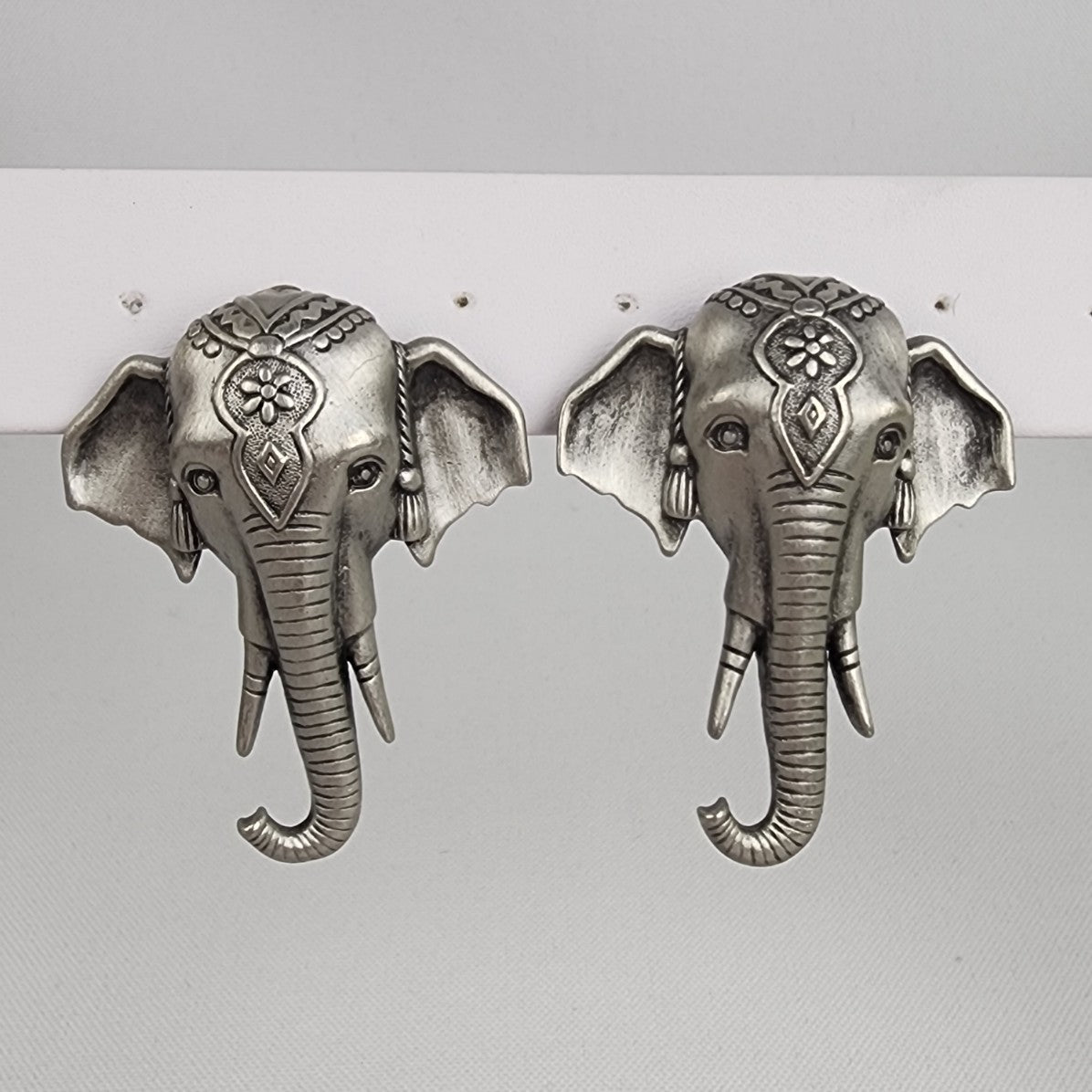 Vintage JJ Elephant Pewter Statement Earrings