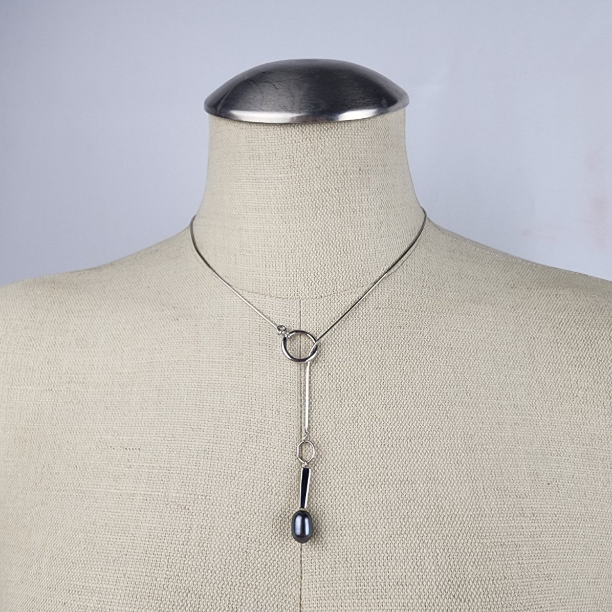 Silver Tone Grey Faux Pearl Pendant Snake Chain Toggle Necklace