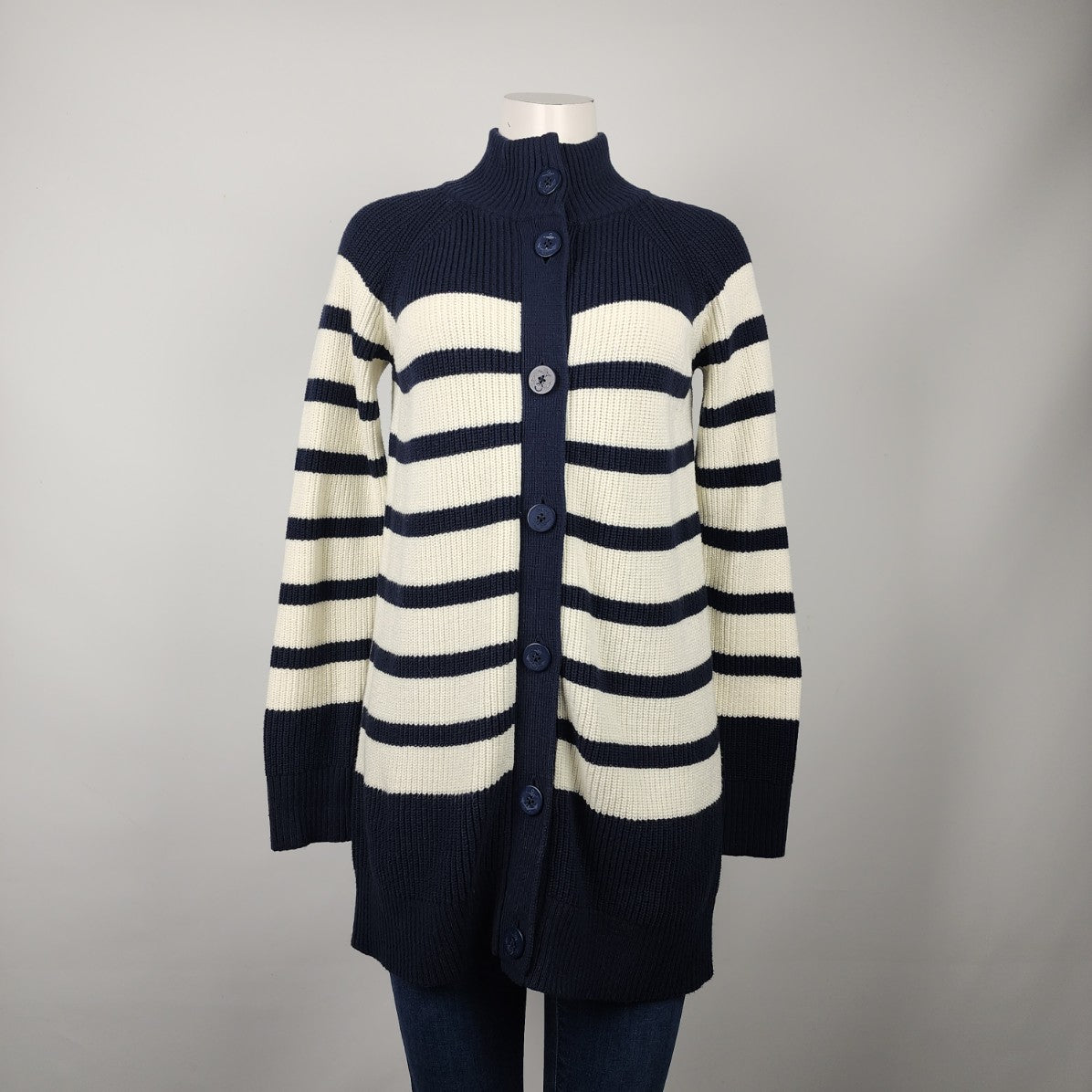 Lands' End Navy & White Nautical Knit Button Up Cardigan Size S