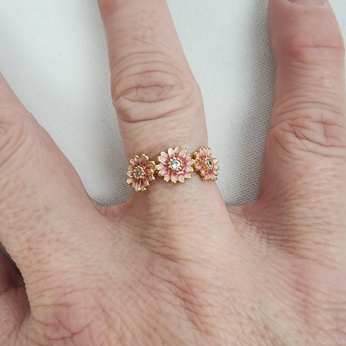 Pink Daisy Flower Trio Ring 14k rose gold plating Size 6