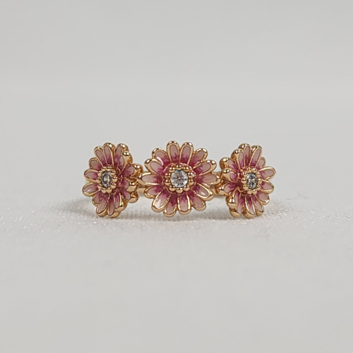 Pink Daisy Flower Trio Ring 14k rose gold plating Size 6