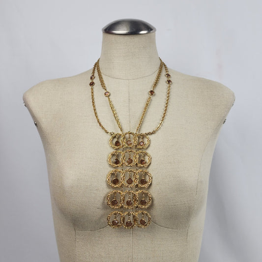 Vintage GOLDETTE Topaz Glass Runway Statement Bib Necklace