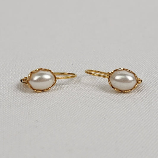 Vintage Gold Tone Faux Pearl Delicate Drop Earrings