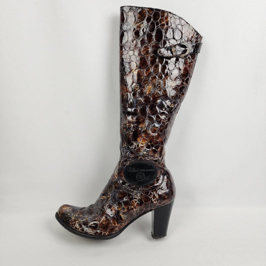 Ulas Fine Shoes Brown Croc Print Metallic Heeled Boot Size 9