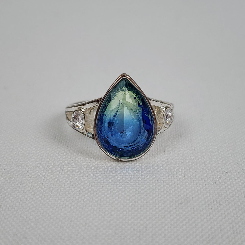 Aqua Blue Silver Tone Ring Size 8