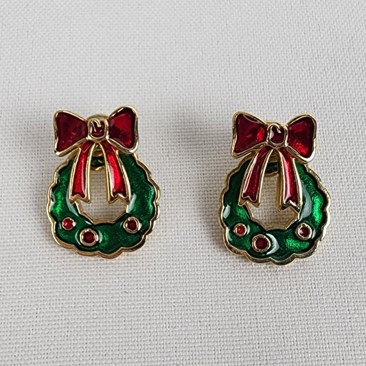 Vintage Christmas Bow Wreath Two Piece Earrings