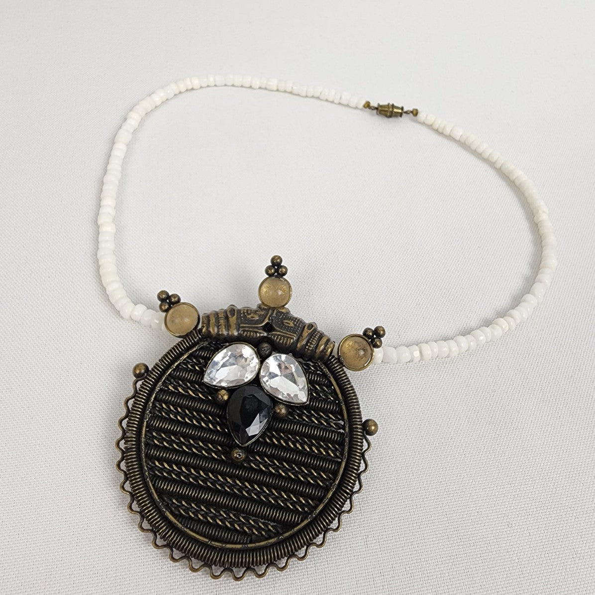 Vintage White Beaded Bronze Oversize Pendant Necklace