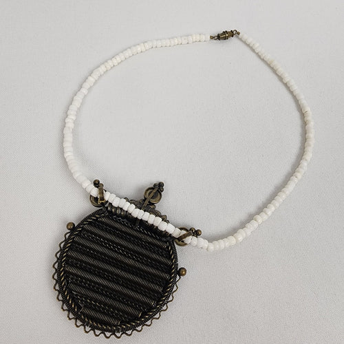 Vintage White Beaded Bronze Oversize Pendant Necklace
