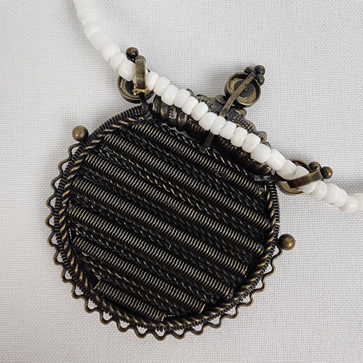 Vintage White Beaded Bronze Oversize Pendant Necklace