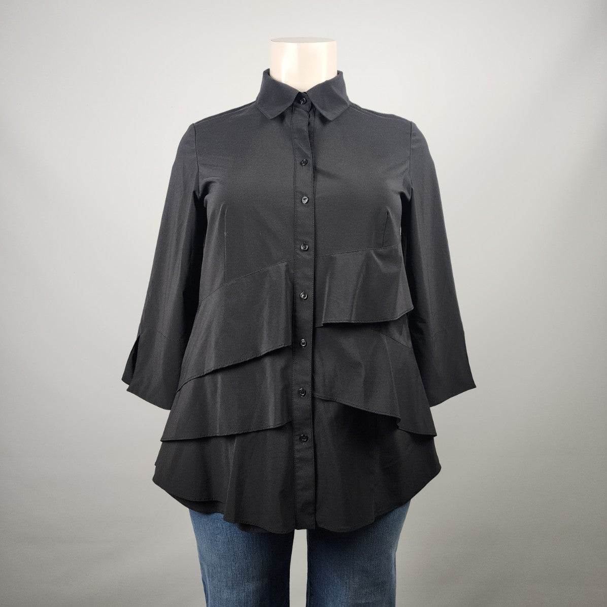 Joseph Ribkoff Black Layered Ruffle Button Up Blouse Top Size 16