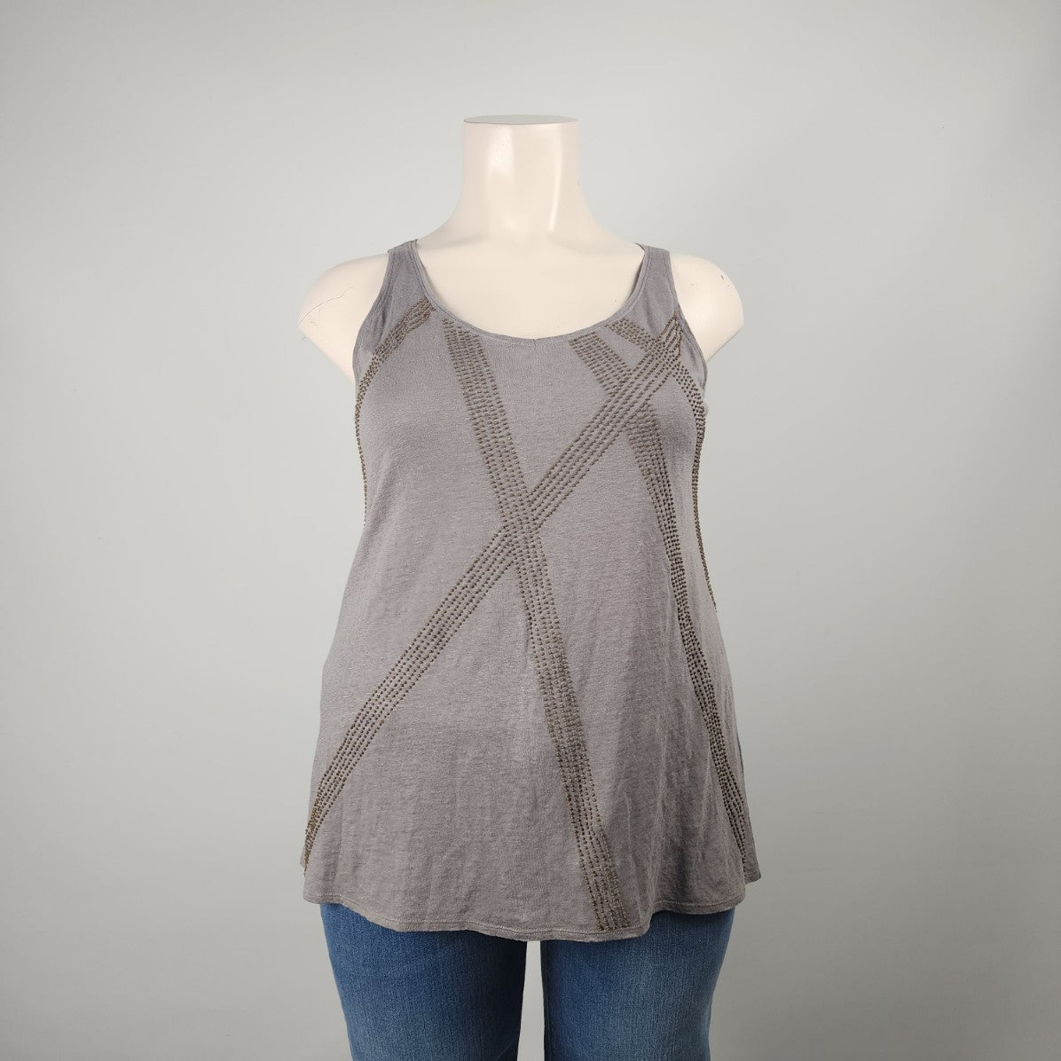 Eileen Fisher Grey Linen Beaded Sleeveless Top Size L