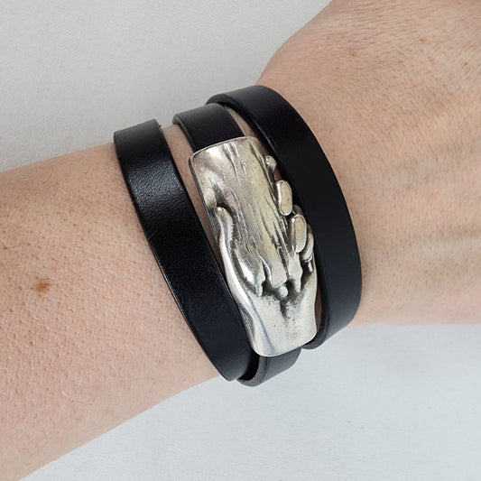 Black Leather Dog Paw In Hand Magnetic Wrap Bracelet