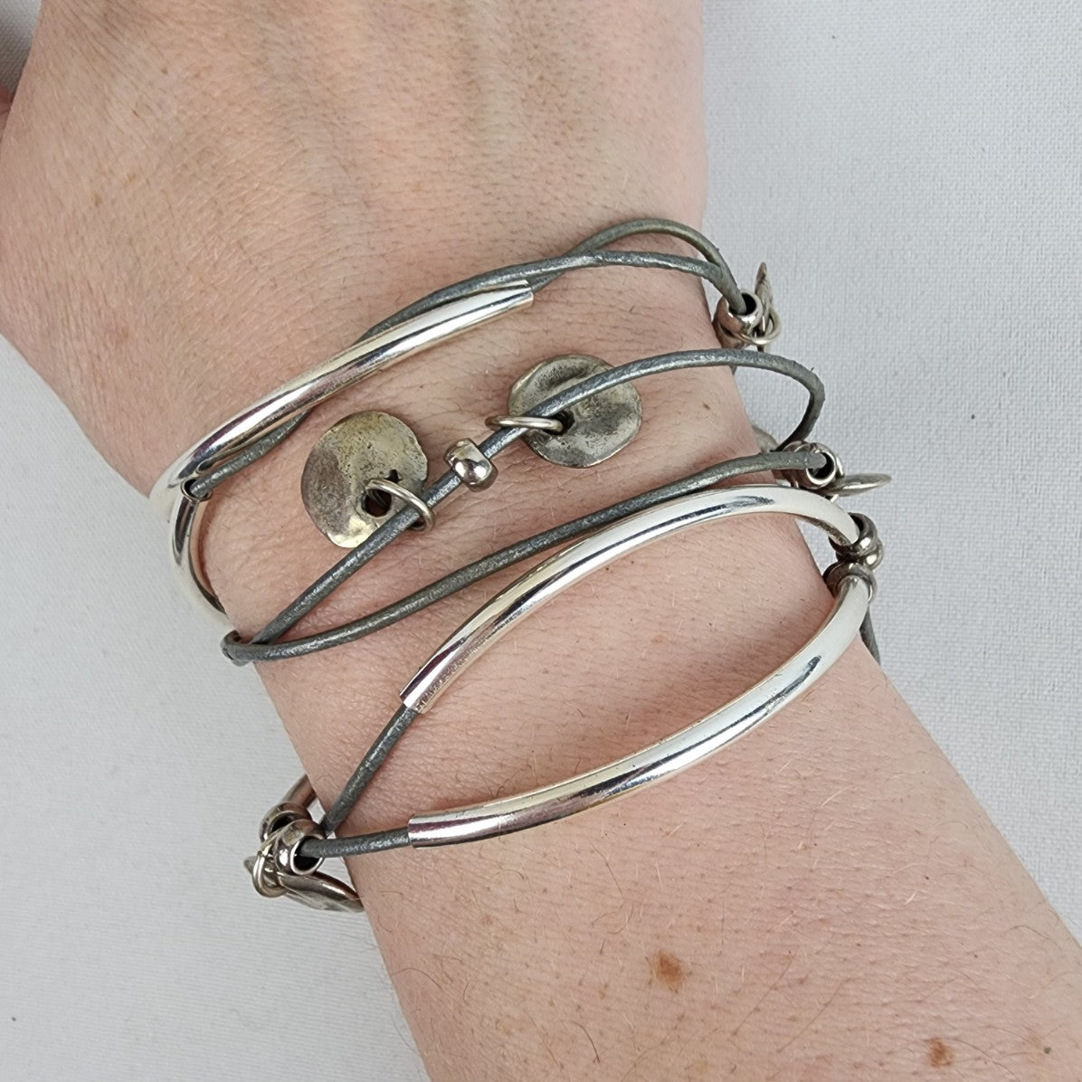 Lizzy James Grey Leather Cord Silver Charm Bracelet