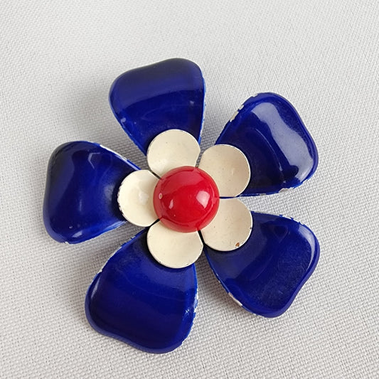 Vintage Blue & Red Flower Enamel Brooch