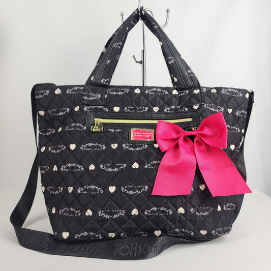 Betsy Johnson Black Quilted Pink Bow Overnight Tote Purse