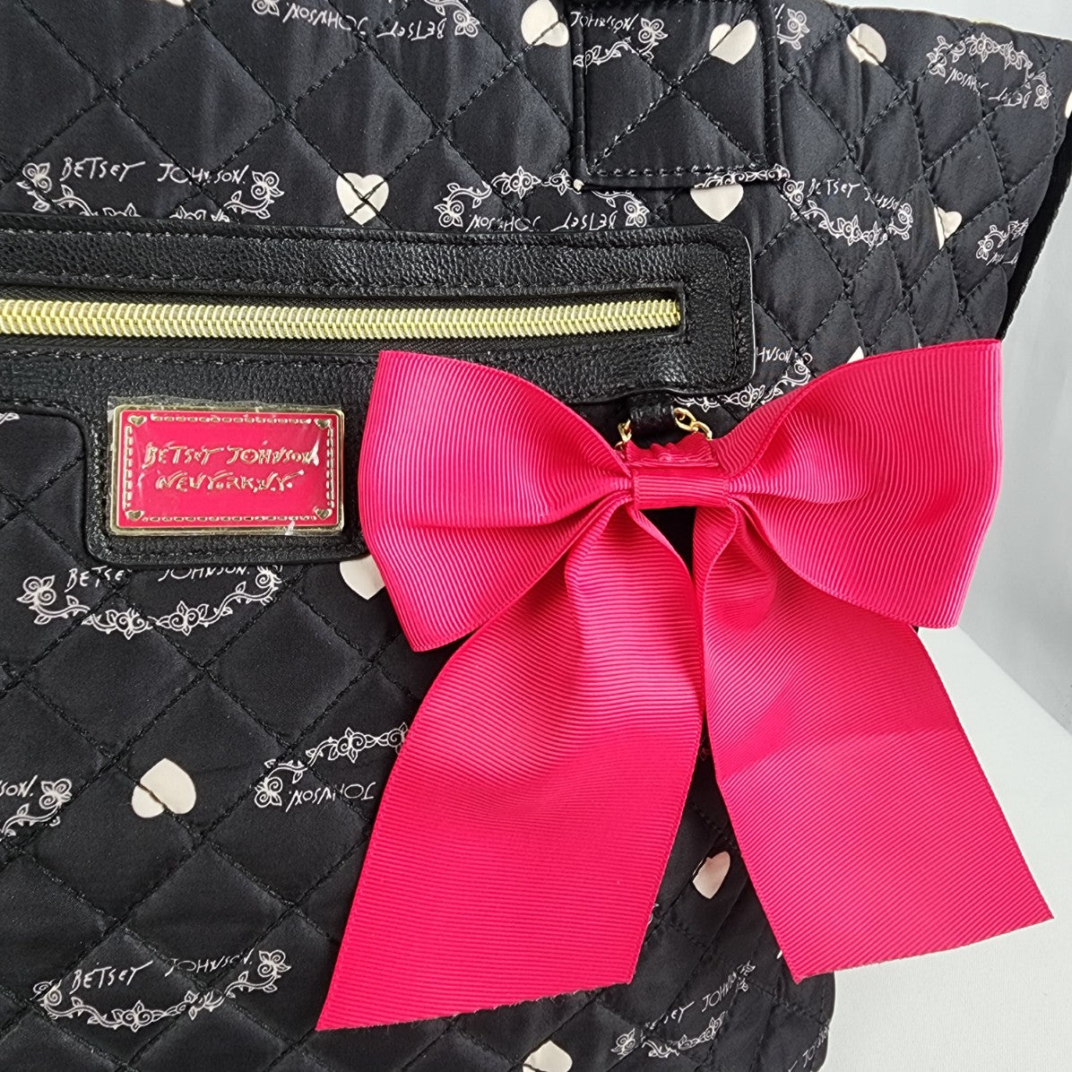 Betsy Johnson Black Quilted Pink Bow Overnight Tote Purse