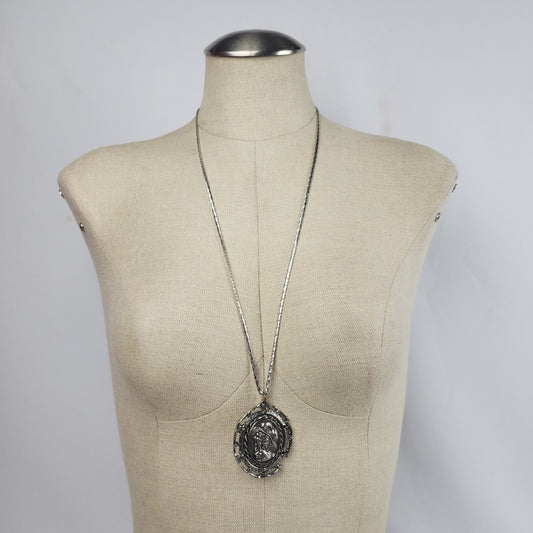 Vintage Silver Tone Cameo Pendant Long Chain Necklace